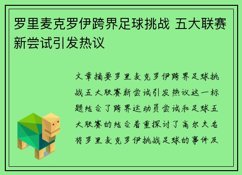罗里麦克罗伊跨界足球挑战 五大联赛新尝试引发热议